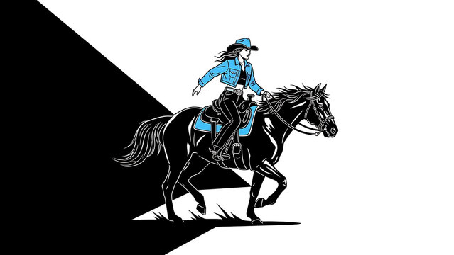A striking graphic illustration of a cowgirl on a galloping horse with a split background