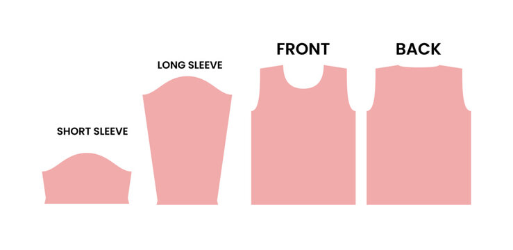Flat vector diagram of garment pattern pieces showing front, back, long sleeve, and short sleeve components, suitable for apparel design guides, tailoring instructions, and fashion production layouts