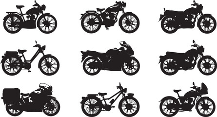 Nine black silhouettes of different types of motorcycles and a moped on a white background motorbike