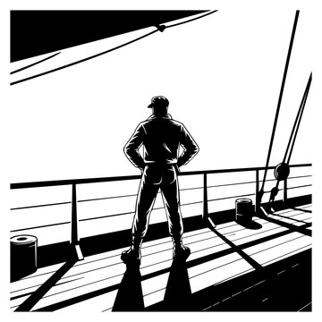 A Captain's Horizon: A captain stands resolute on the deck of a ship, gazing out at the vast ocean, embodying the spirit of exploration and command.