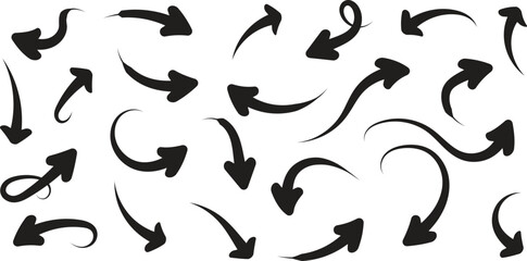 Collection of black hand drawn brush stroke arrows pointing in various directions for navigation design