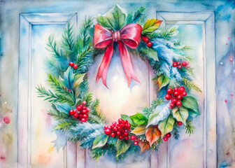 watercolor christmas wreath on a door