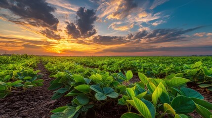 Vibrant sunset over lush green soybean field with dramatic cloudscape.