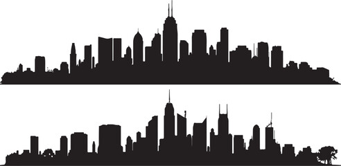 Silhouette cityscapes with diverse building heights and architectural styles on a white background