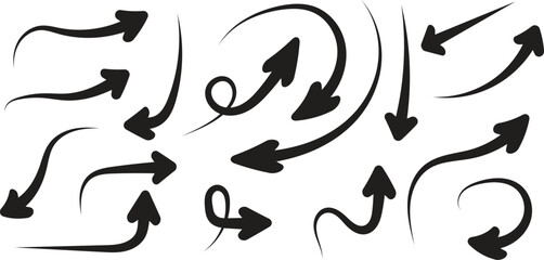 Collection of black hand drawn brush stroke arrows pointing in various directions for navigation design