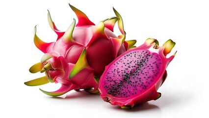 Exotic pink fruit, one whole and one cut to reveal black-seeded pulp, vibrant with green and yellow accents, on white