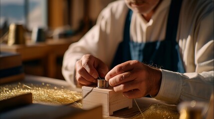 A craftsman hand-winding guitar pickup coils in a quiet workshop, strands of fine copper wire stretched across a vintage bobbin — musical acoustics engineering, hand-built audio hardware, and