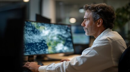A weather scientist controlling a supercomputer simulation of impending storms, data clouds swirling as variables shift in real time — climate forecasting control, atmospheric modeling, and extreme