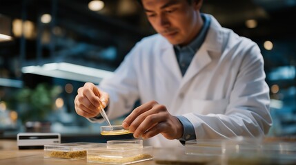 A scientist preparing culture media powder to pour into sterile plates, weighing ingredients with microgram accuracy — agar preparation, laboratory workflow, and microbial cultivation fundamentals.