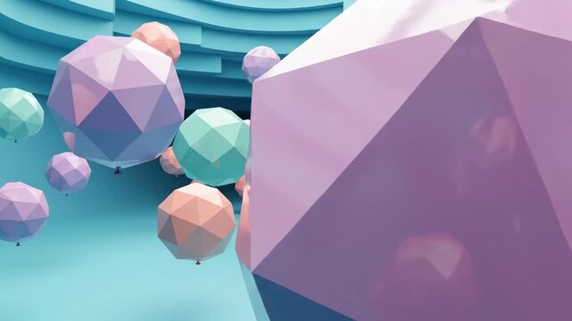 Abstract 3D rendering showing large, perfectly smooth geometric balloons floating in layered space against a gradient pastel cyan field artistic, growth, soft light