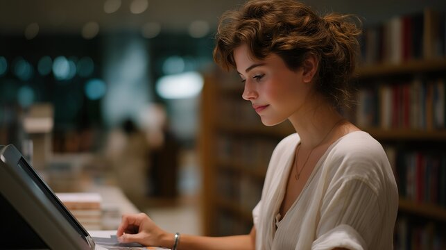 A library patron using a self-service kiosk to borrow books, scanning barcodes and receiving a printed slip while shelves of novels line the background &mdash; public library innovation, self-checkout