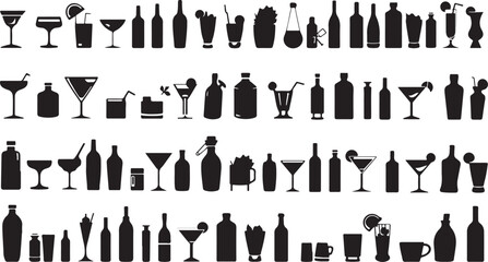 Silhouette collection of various bottles and cocktail glasses filled with drinks vector illustration