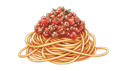 A plate of spaghetti with a rich tomato sauce and basil garnish on a white background