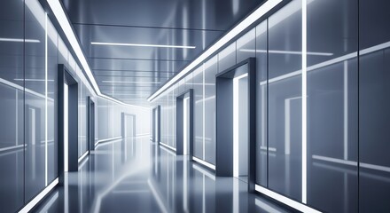 Obraz premium Long, illuminated interior corridor featuring reflective surfaces and multiple doorways extends into the distance