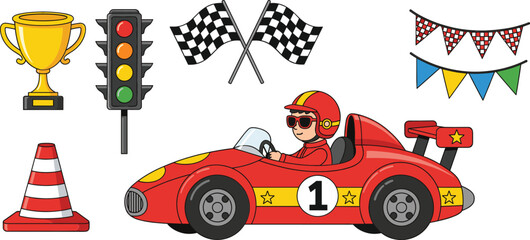 Cute race car driver with racing elements trophy flags traffic cone cartoon motorsport vector illustration