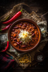 Hearty chili bowl with balanced toppings in ceramic dish on rustic cloth and wooden table captured in warm top down cozy composition  

