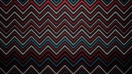 Abstract colorful chevron zigzag pattern with white red and teal lines on black background