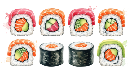 Assorted sushi rolls with salmon, avocado, and rice on a white background