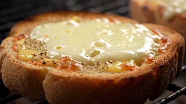 A toasted bread topped with melted cheese and spices being grilled on a barbecue grill viewed from a close-up angle