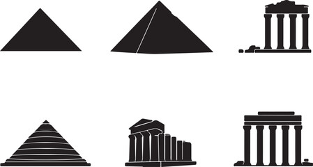 Simple Silhouettes of Egyptian Pyramids and Greek Temple Ruins ancient