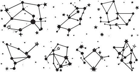 Six black and white constellation illustrations with connecting lines and stars on a white background