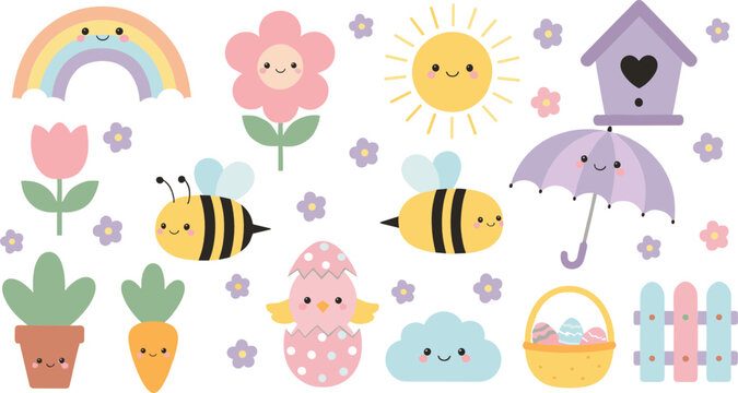 Cute spring elements set with flowers bees rainbow sun and garden objects cartoon vector illustration