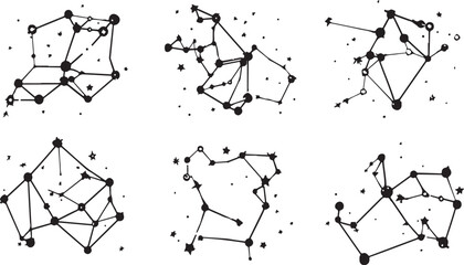 Six hand-drawn black constellation illustrations with stars and connecting lines on a white background