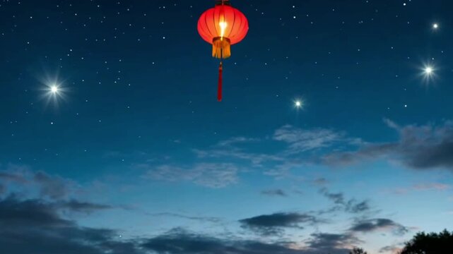 Red Chinese sky lantern flying upwards.