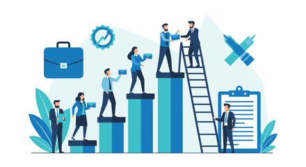 Business people progressing up a bar chart, representing career growth, corporate ladder climbing, teamwork, and achieving professional development goals.