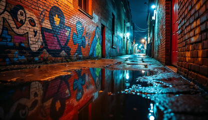 Naklejka premium Brick walls covered in colorful street art and graffiti reflect in puddles of water in a dark alley at night.