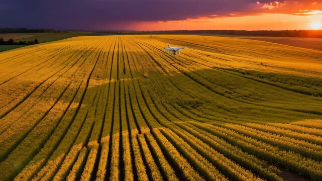Man operates a quadcopter drone over a canola field at sunset while monitoring multispectral maps on a tablet controller. Wide sky and simple horizon offer available space for text and design in agric