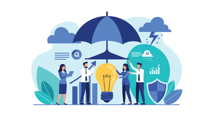 Business team protecting a glowing lightbulb idea with a large umbrella, symbolizing intellectual property protection, risk management, and safeguarding innovation.
