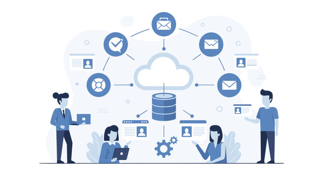 Business team managing customer data and communication through a centralized cloud computing system, networking with profiles, email, and support icons.