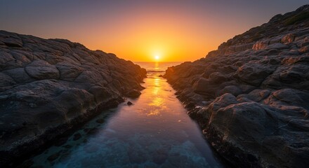 岩の割れ目に広がる水面に夕日が黄金色に映り込み幻想的な光景が目の前に広がる. AI Generated