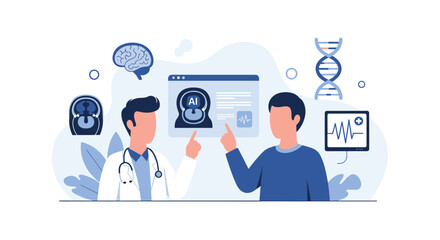 Doctor explaining a medical diagnosis to a patient using an AI-powered application, showing brain scans, DNA, and heart rate data on a digital interface.