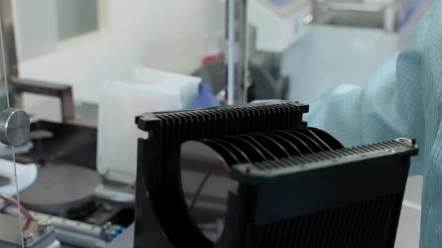 Gloved technician handling a tray of diagnostic test strips in a cleanroom workstation, aligning components within a shielded automation module for assembly and quality control