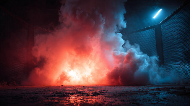 Smoke effect and orange light in the center on the boxing stage , action mood background image.