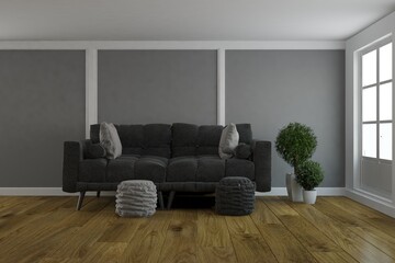 modern room with black sofa with pillows, two pouf and plant in white flowerpots interior design. 3D illustration
