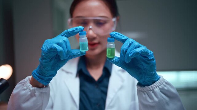 Female scientist comparing chemical samples in a laboratory