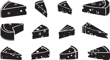 Various Cheese Slices with Holes and Texture Illustrated in Silhouette on White Background food dairy