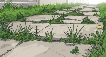 Overgrown weeds and wildflowers push through the cracks of an old stone pathway leading uphill