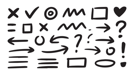 A collection of black hand-drawn doodles on a white background featuring various symbols and shapes viewed from a straightforward perspective