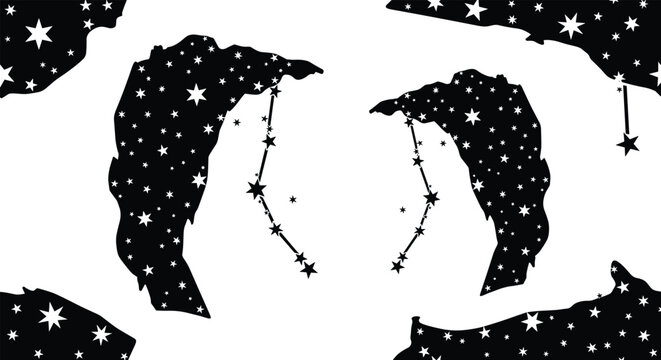 Monochrome seamless pattern featuring silhouettes of the Ursa Major constellation within a bear shape against a starry night sky, perfect for astronomy lovers.
