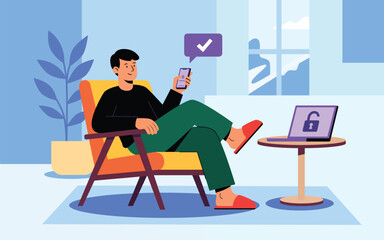 A man sits in an armchair using his smartphone to log in to laptop
