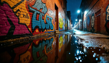 Brick walls covered in colorful street art and graffiti reflect in puddles of water in a dark alley at night.