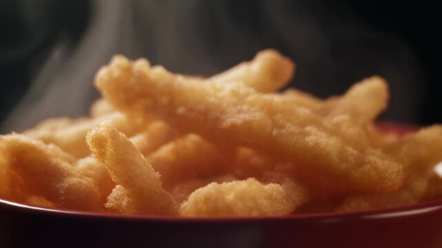 Close- Up of Steaming Waffle- Cut French Fries with Visible Steam waffle fries fried food