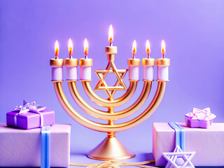 hanzah menorah with candles and gifts on purple background