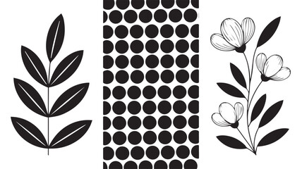 A minimalist black and white abstract illustration featuring abstracted leaves and flowers with a pattern of circles in the background