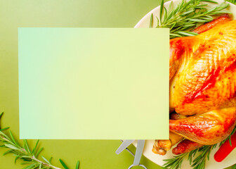 a plate with a turkey and a green card