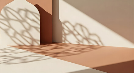 Minimal Islamic Interior with Soft Ramadan Shadows. Clean architectural forms and soft shadows create a modern Ramadan interior backdrop with elegant simplicity.